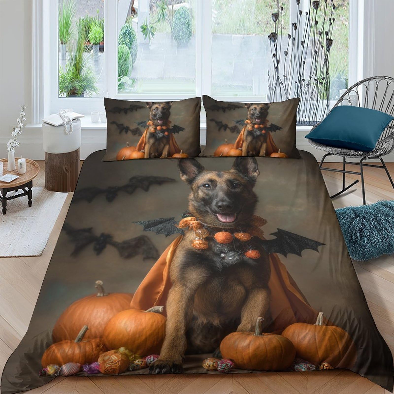 TUFRTGYHN 3D Printed Halloween Pumpkin Dog Duvet Cover Microfiber Soft Breathable Bat Bedding Set with 2 Pillowcases for Bedroom Decor Single（135x200cm）