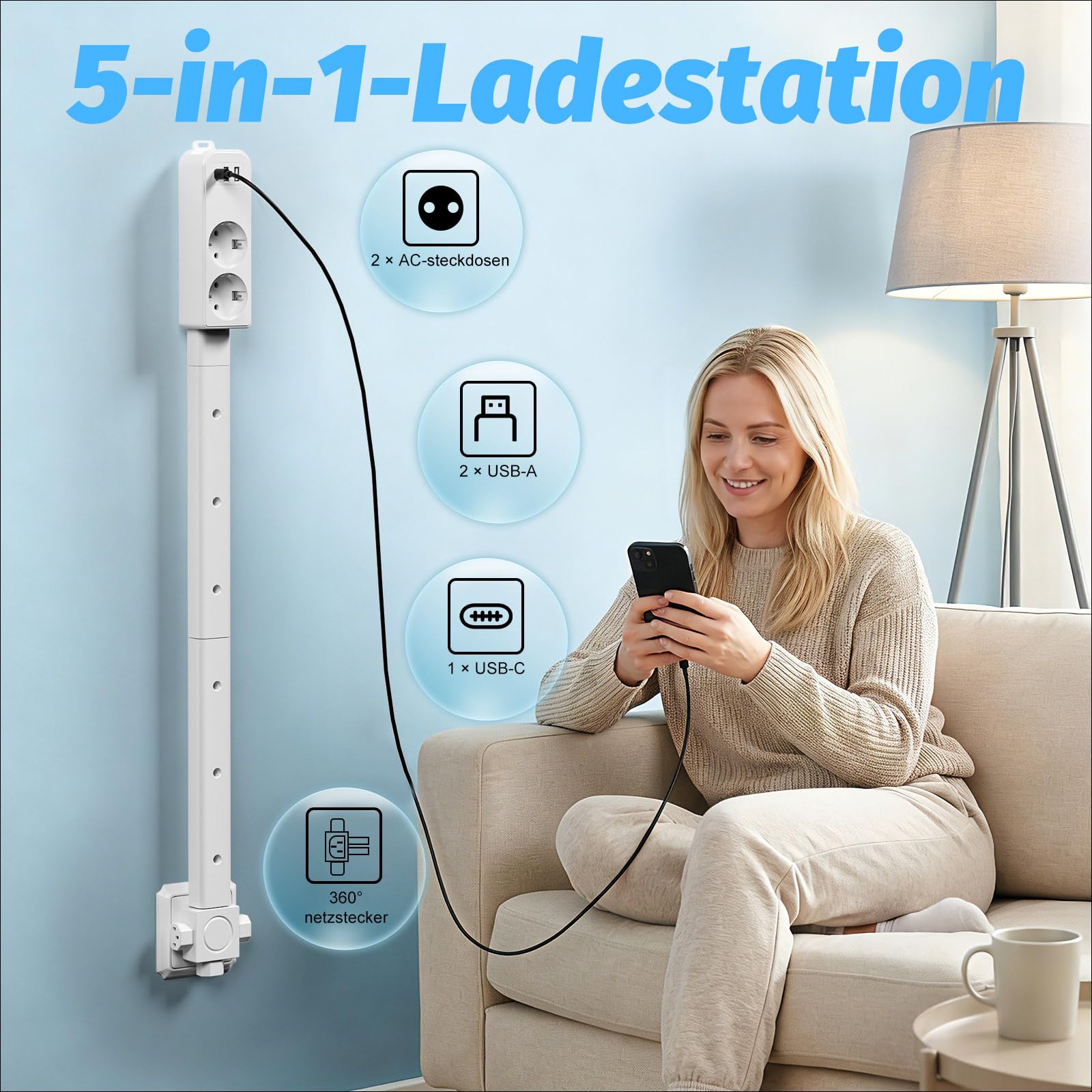Erweiterbare Steckdosenverlängerung 25–95 cm, 2 AC, 2 USB-A & USB-C