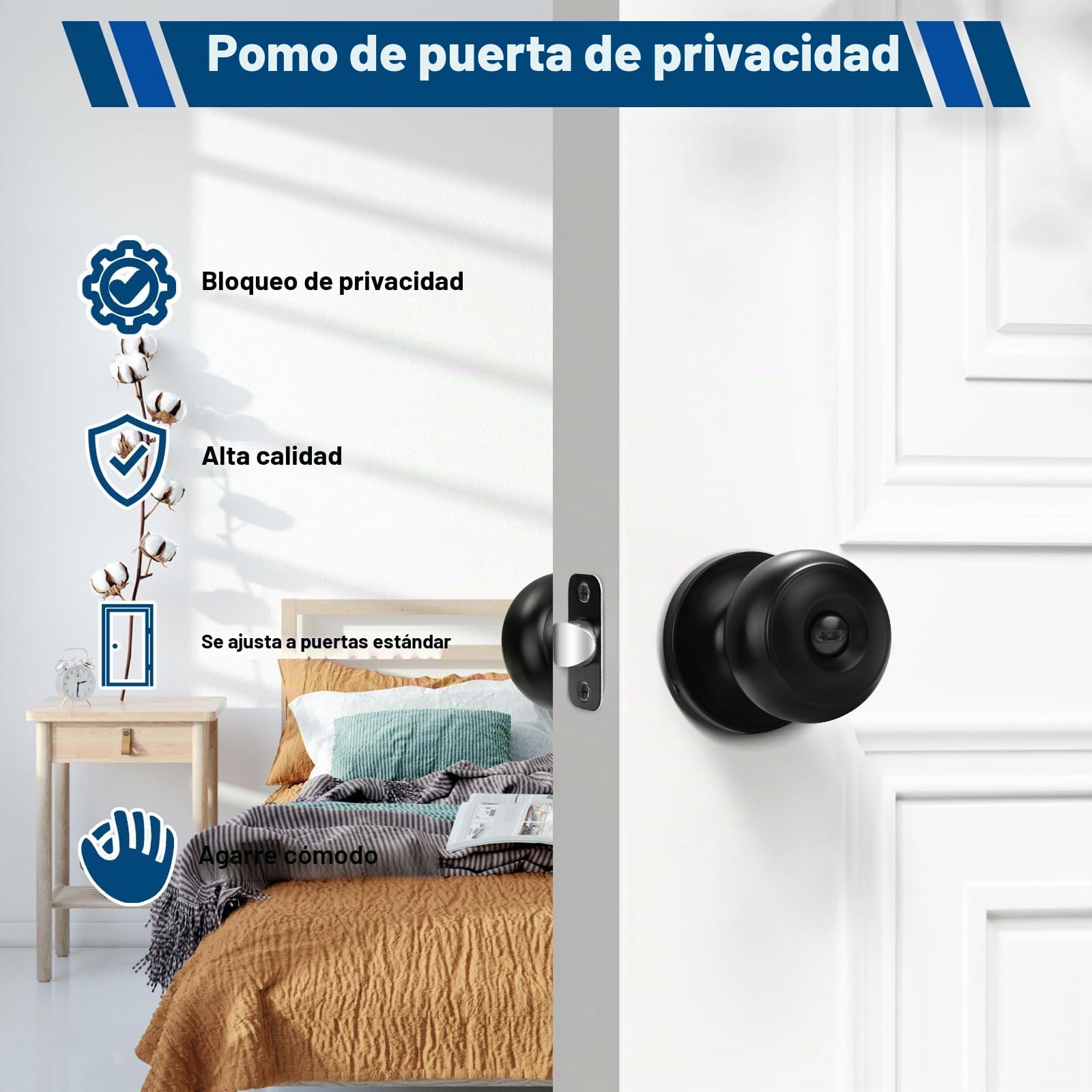 Estmoon Paquete de 5 pomos negros para puerta interior, para dormitorio, baño, privacidad, bola redonda