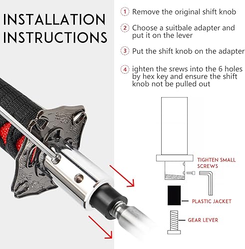 Miniatura 5 de Katana - Pomo para palanca de cambios Samurai, ajuste universal para automóviles manuales con adaptadores color rojo (5.9 in)