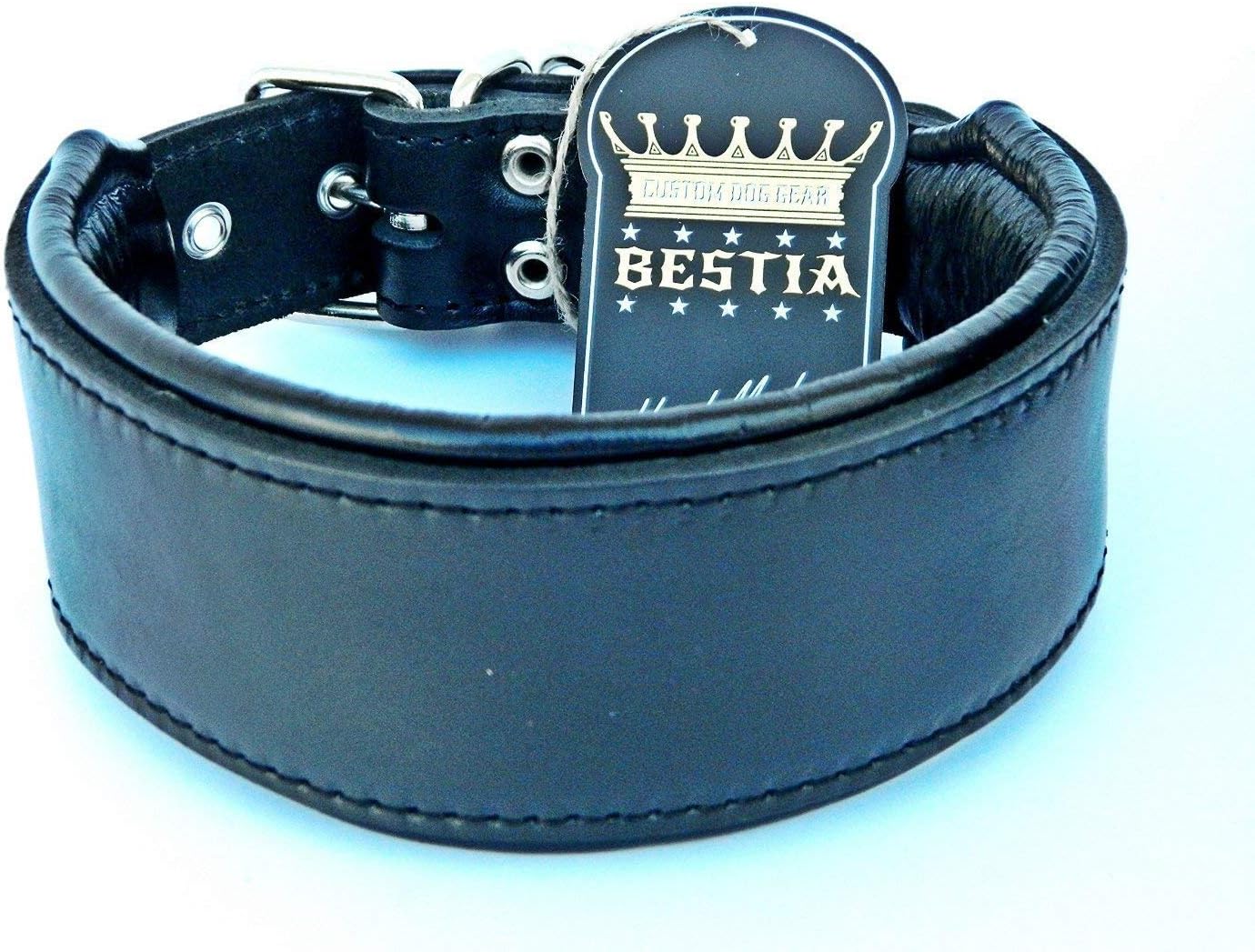 Bestia genuine leather dog collar, Soft padded, Large breeds, cane corso, Rottweiler, Boxer, Bullmastiff, Dogo, Bully, Quality dog collar, 100% leather, complete black, M- XXL size, 2.5 inch wide. Soft padded. Europe`s finest hand made collars!