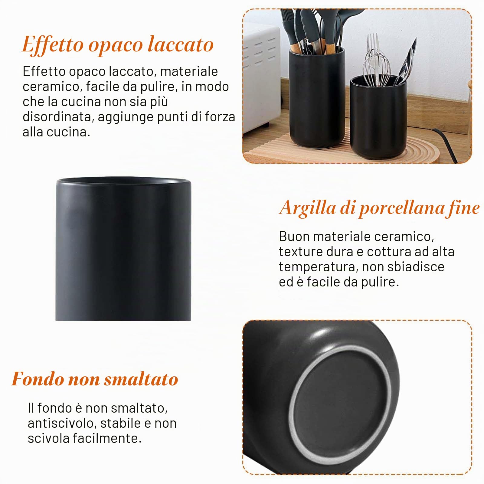 Aicharynic Porta utensili da cucina, ceramica, 17,6 x 10,1 cm, portaposate, moderno, nero