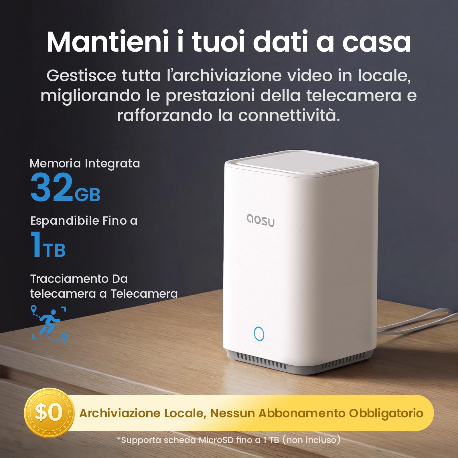 aosu 3K Telecamera WiFi Esterno Senza Fili, Kit 6 Telecamere y aosuBase 2.0 | Senza Abbonamento Richiesto, Archiviazione Locale Espandibile, 360° PTZ Tracciamento Auto AI Persona/Veicolo, Notte a Colori