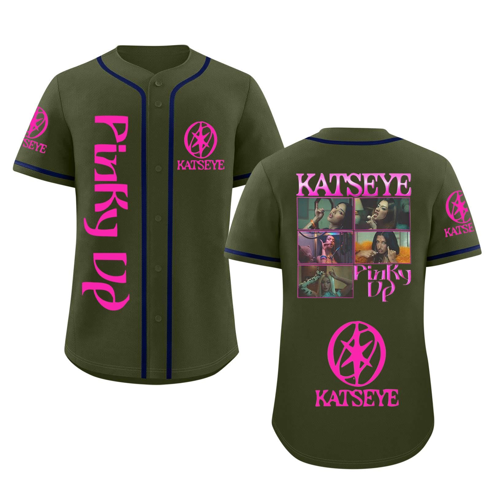 Katseye Tshirt Beautiful Chaos Album Pinky up Baseball Jersey Short Sleeve Button Down Casual Hip Hop Katseye Merch Baseball Jersey for Fans Men Women 04-Army Green S