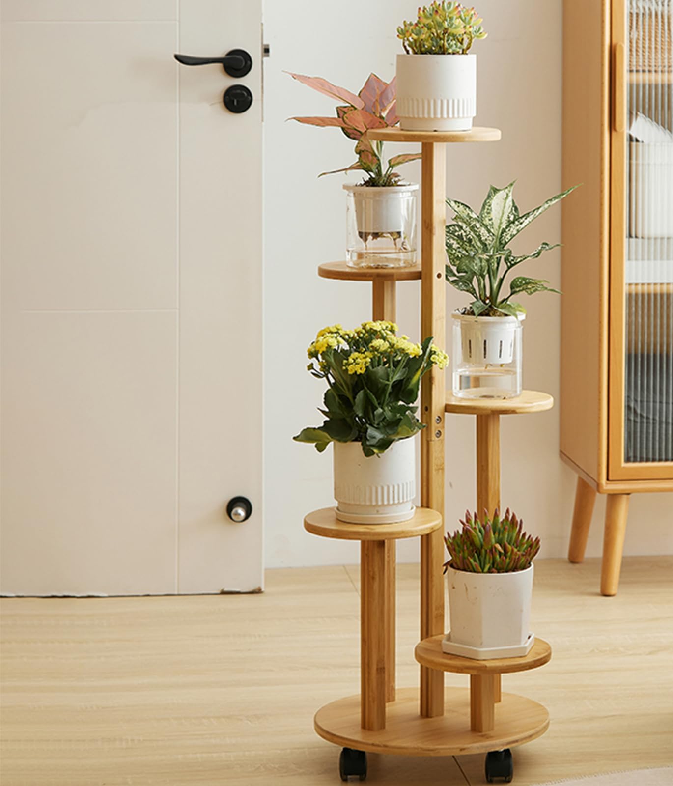 Support de plantes d'intérieur à roulettes, 5 niveaux en bambou pour plantes d'intérieur, Support pour plantes, Diamètre du châssis : 33 cm（Couleur bois）