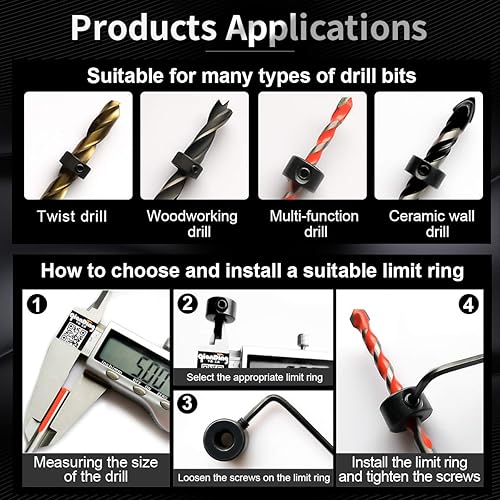 Miniatura 6 de KATUR 8 piezas de broca de carpintería de profundidad, collares de parada de anillo, posicionador con llave hexagonal para apretar y parar, juego de