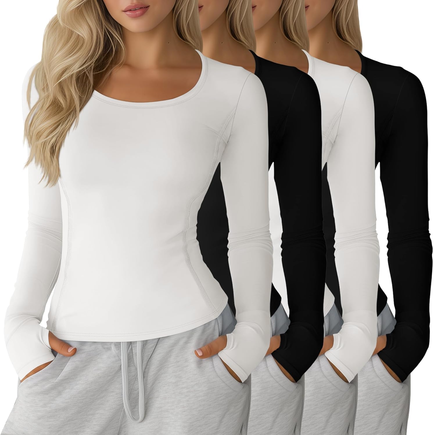 Velvelhall 4 Pack Women's Workout Shirts Yoga Long Sleeve Running Tops Quick Dry Gym Athletic Tops Seamless Compression Tees