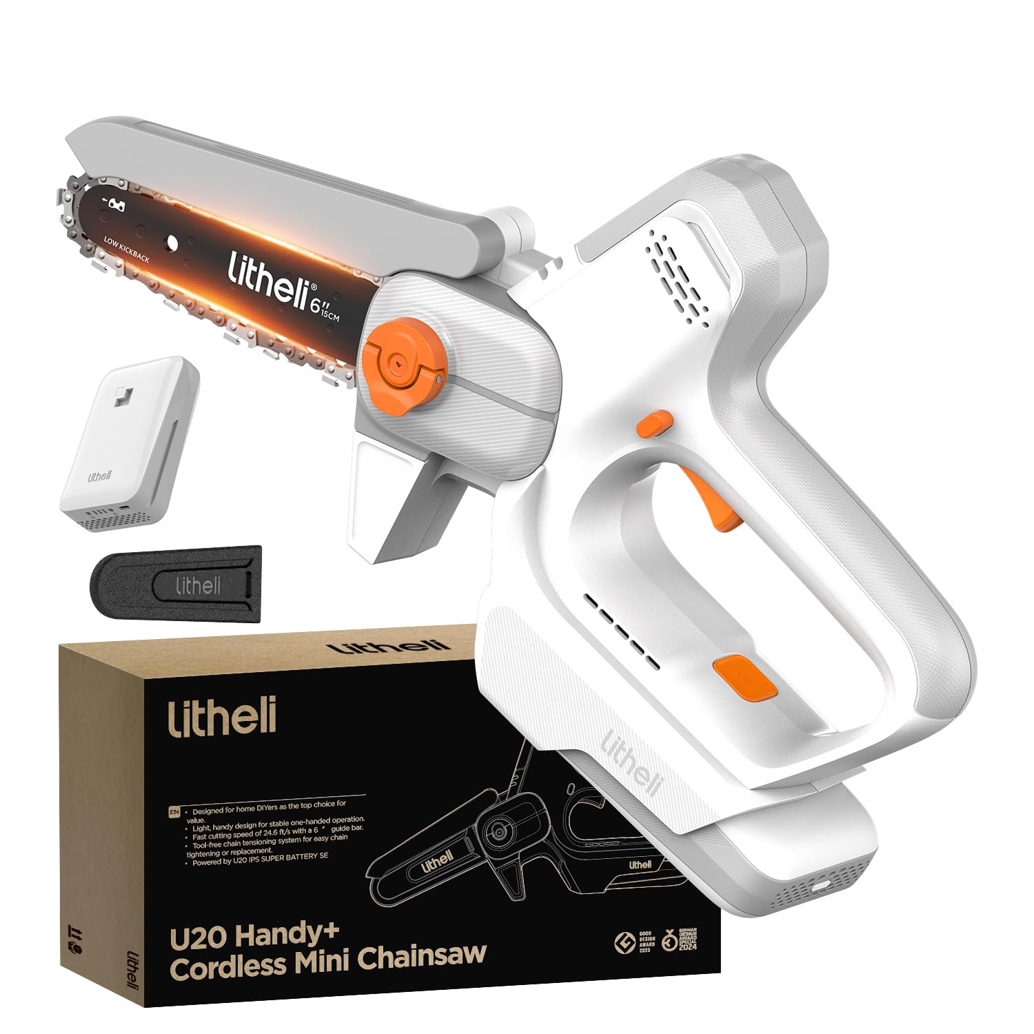 Photo 1 of Litheli 6-Inch Mini Chainsaw Cordless, 20V 2.0Ah Battery Powered Handheld Electric Chainsaw with 24.6ft/s Chain Speed, 300W Small Portable Pruning Saw for Tree Trimming, Branch Cutting & Gardening