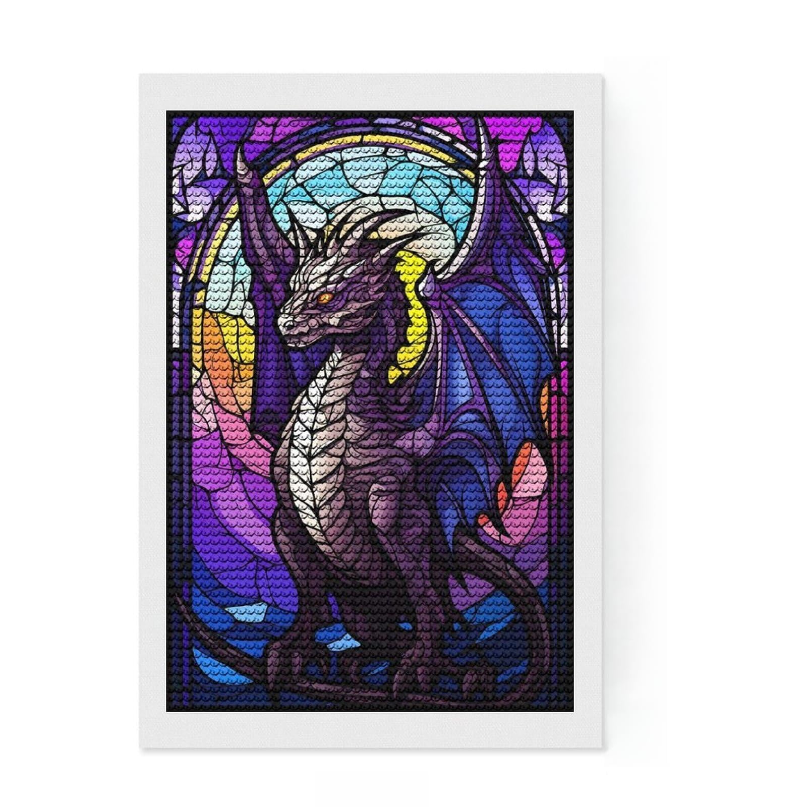 Junmoney Dragon Vibant Stained Glas Diamond Painting Kit 8"x12", Complete Accessories, Sparkling Round Gems, Full Kit Included, Modern Decor