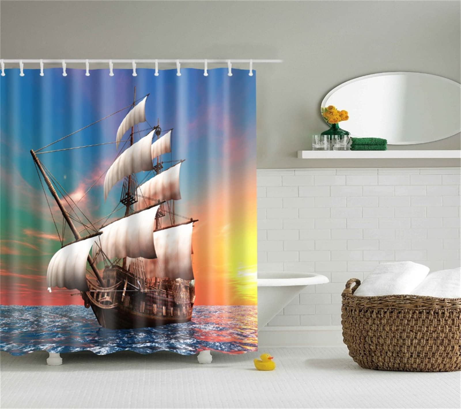 Barca a vela Tenda Doccia 300x180cm Tenda per Doccia Antimuffa, Tenda da Esterno Impermeabile Tessuto, 3D Tenda con Ganci per Dormitorio Famiglia Appartamento Hotel Doccia ​Bagno Decor