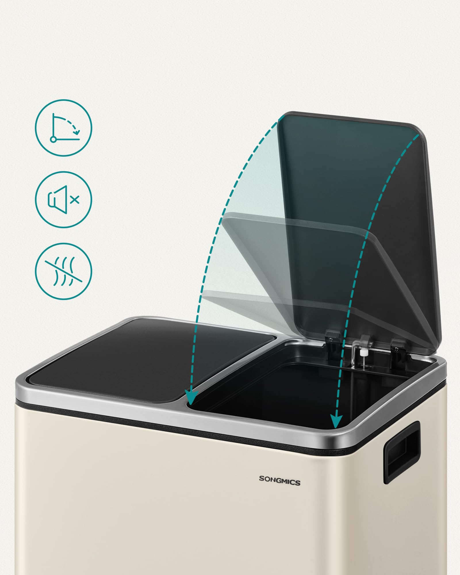 SONGMICS Papelera de cocina, 2 x 30L papelera de pedal de acero inoxidable con 1