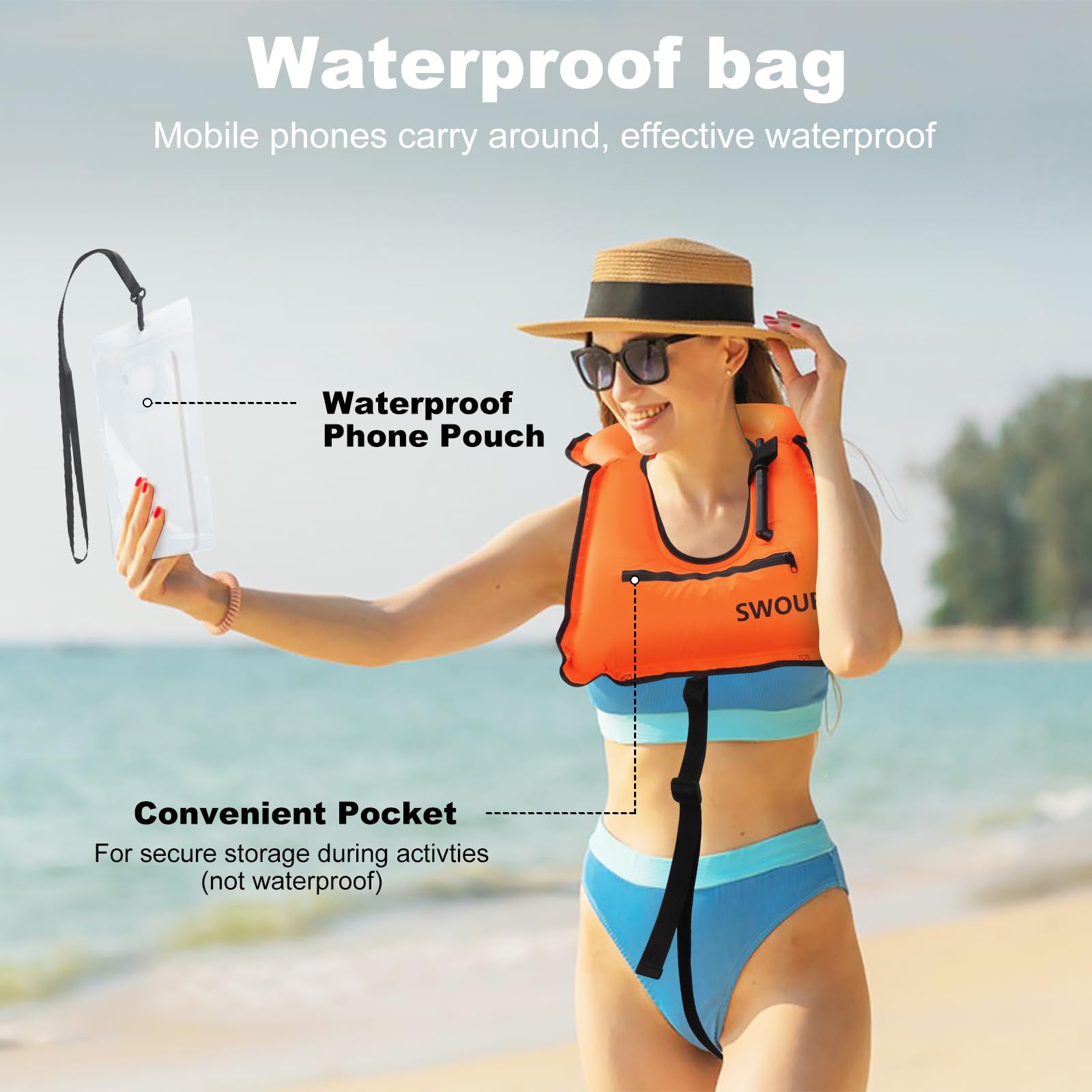 Aufblasbare Schnorchelweste, kostenloses Tauchen Schwimmen Sicherheit Last bis zu 220 Ibs-Mit wasserdichter Tasche