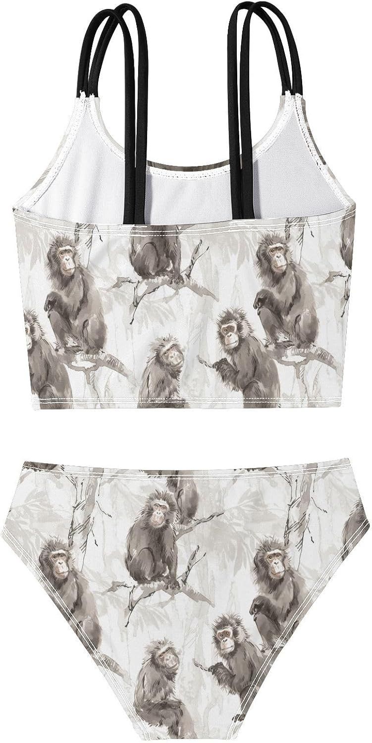 visesunny Girls Two Piece Swimsuits Watercolor Tree Macaque Girl's Bikini Sets Bathing Suits for Girls Size 5-12Y