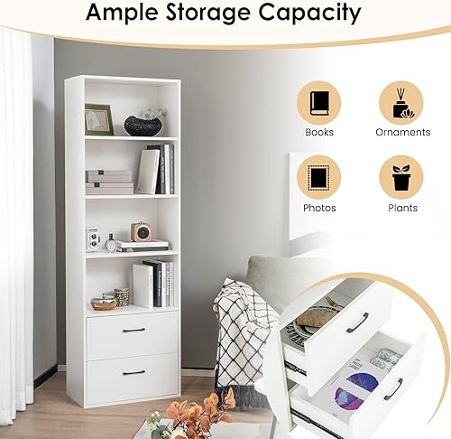 Miniatura 7 de LOKO Estantería de 74 pulgadas de alto, gabinete de almacenamiento alto moderno de 6 niveles con 2 cajones y 4 estantes abiertos, estantería de