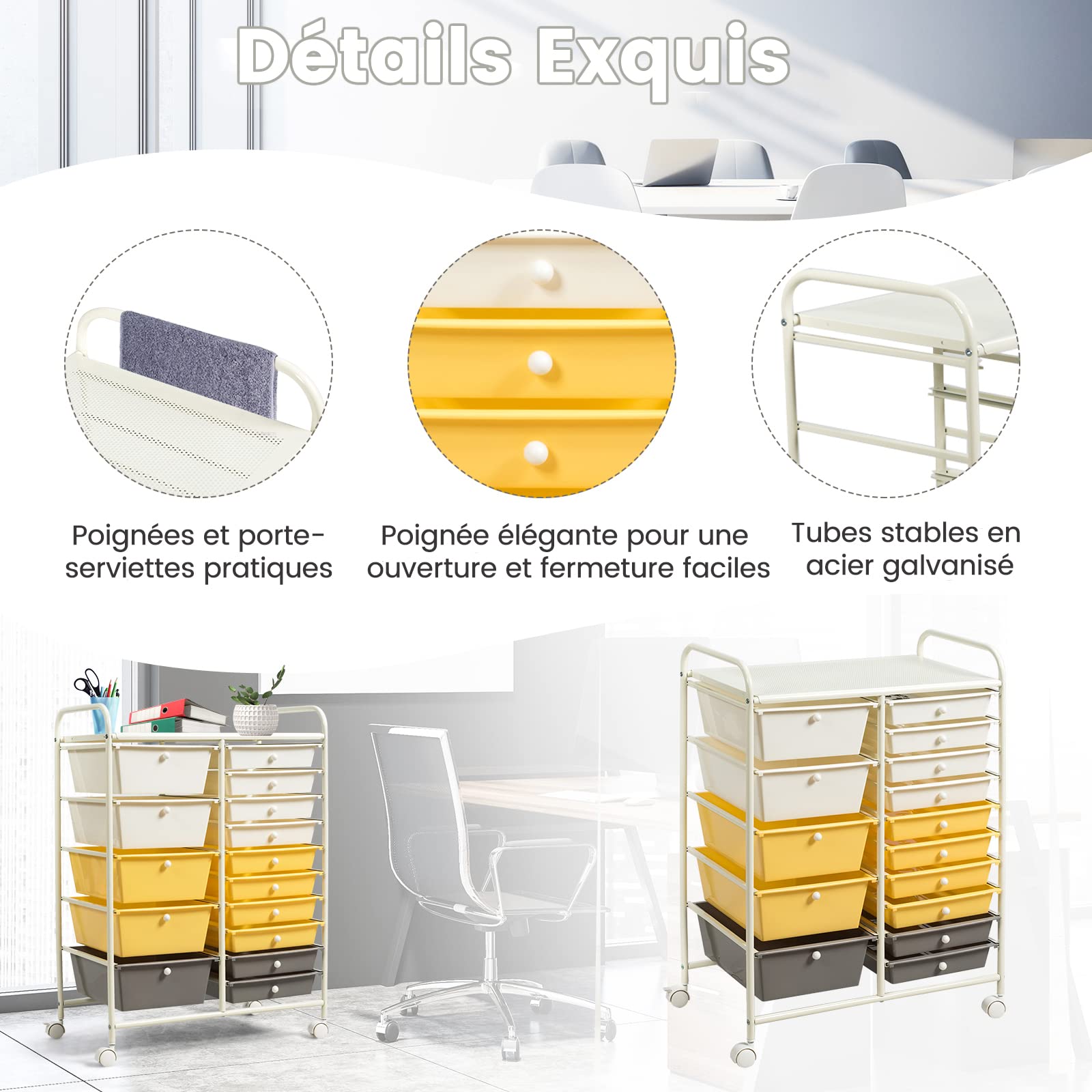 GOPLUS Chariot de Rangement 15 Tiroirs, Tiroir Détachable, Tour de Rangement à 4 Roulettes, 2 avec Frein, pour Chambre, Bureau, 63 x 37 x 87 CM, Jaune