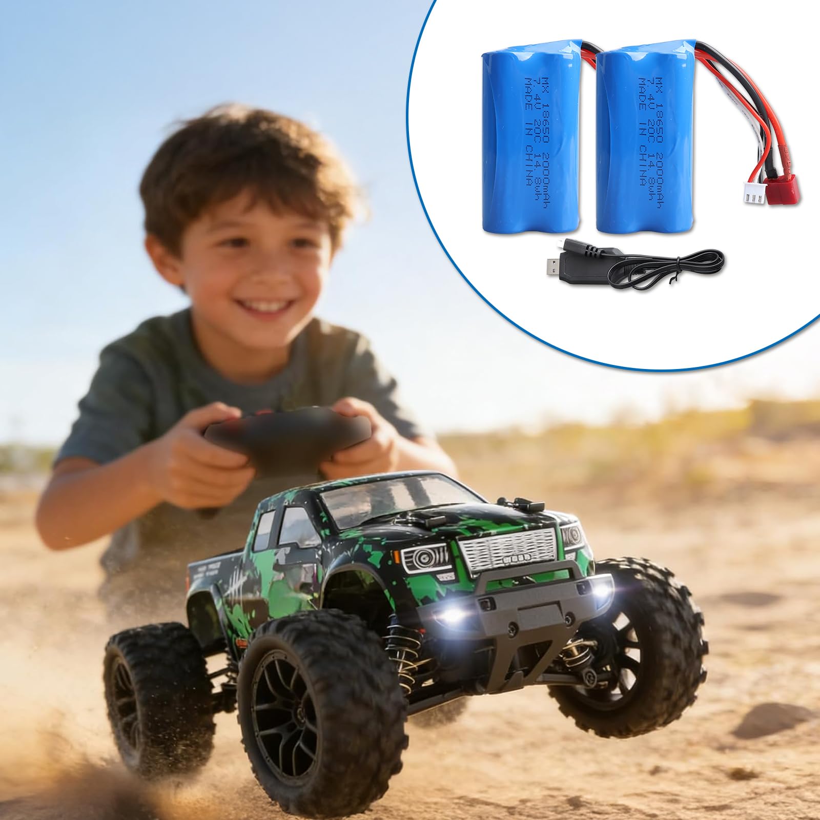 Batería RC 2S de 7,4V 2000 mAh de Iones de Litio con Conector JST, Batería Lipo 2S con Cargador USB para Helicópteros, Coches, Camiones y Barcos RC
