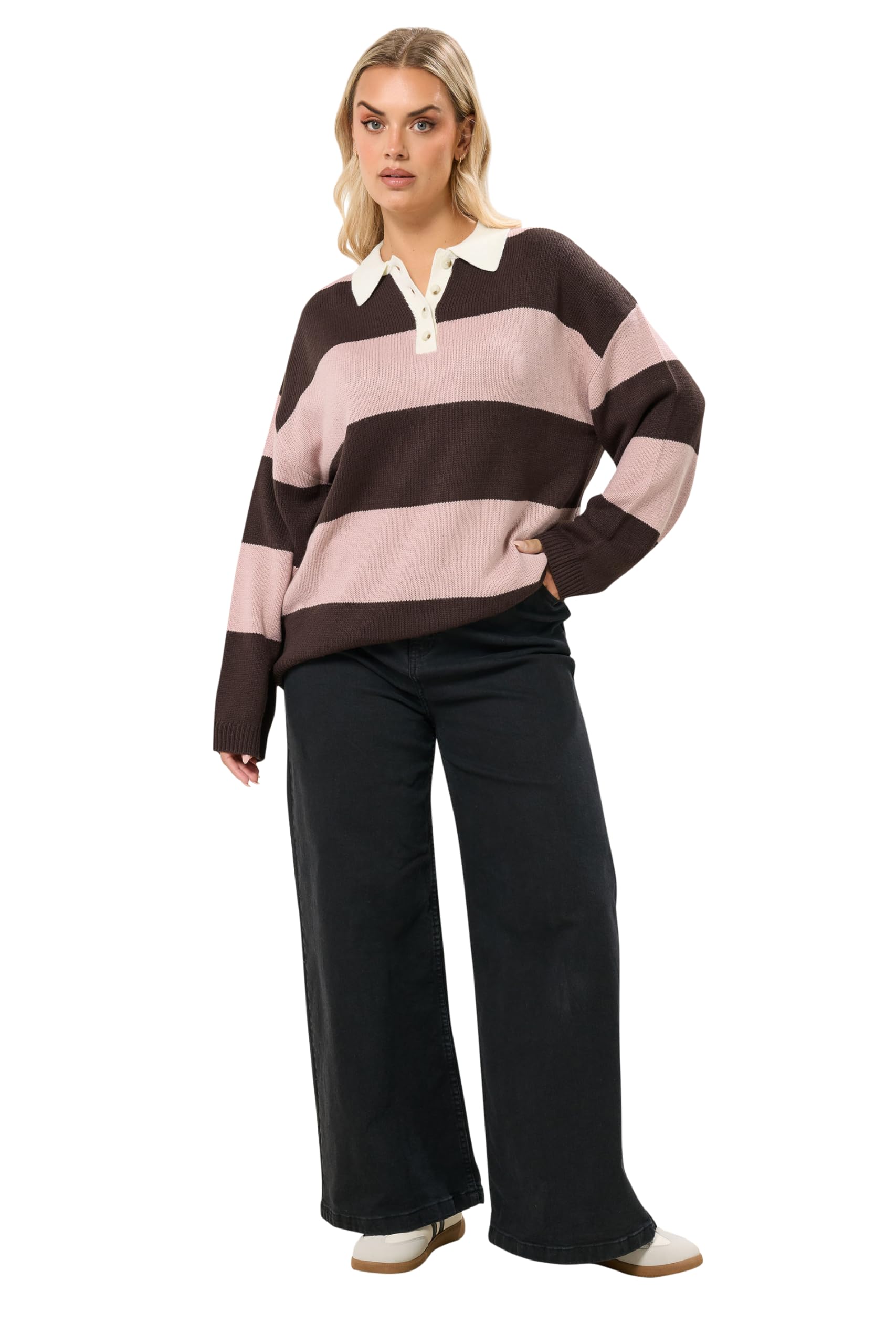 Yours Curve Striped Rugby Collar Jumper - Women's - Plus Size Curve Pink