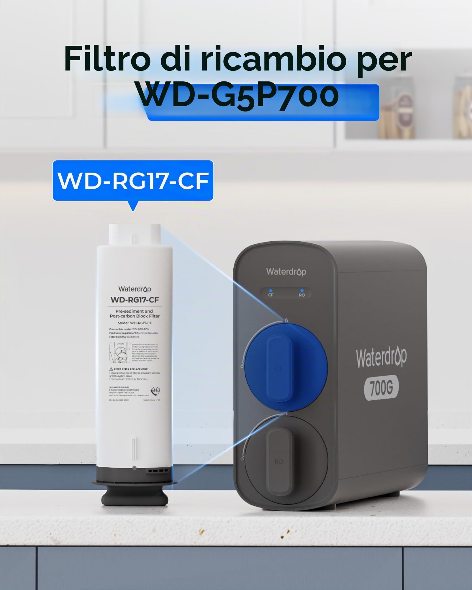 Waterdrop G5P700-CF Filtro per Sistema RO G5P700 | Durata di 6 Mesi, Sostituzione Facile, Lunga Durata, Filtro a Osmosi Inversa Sottolavello, senza Minerali Aggiunti