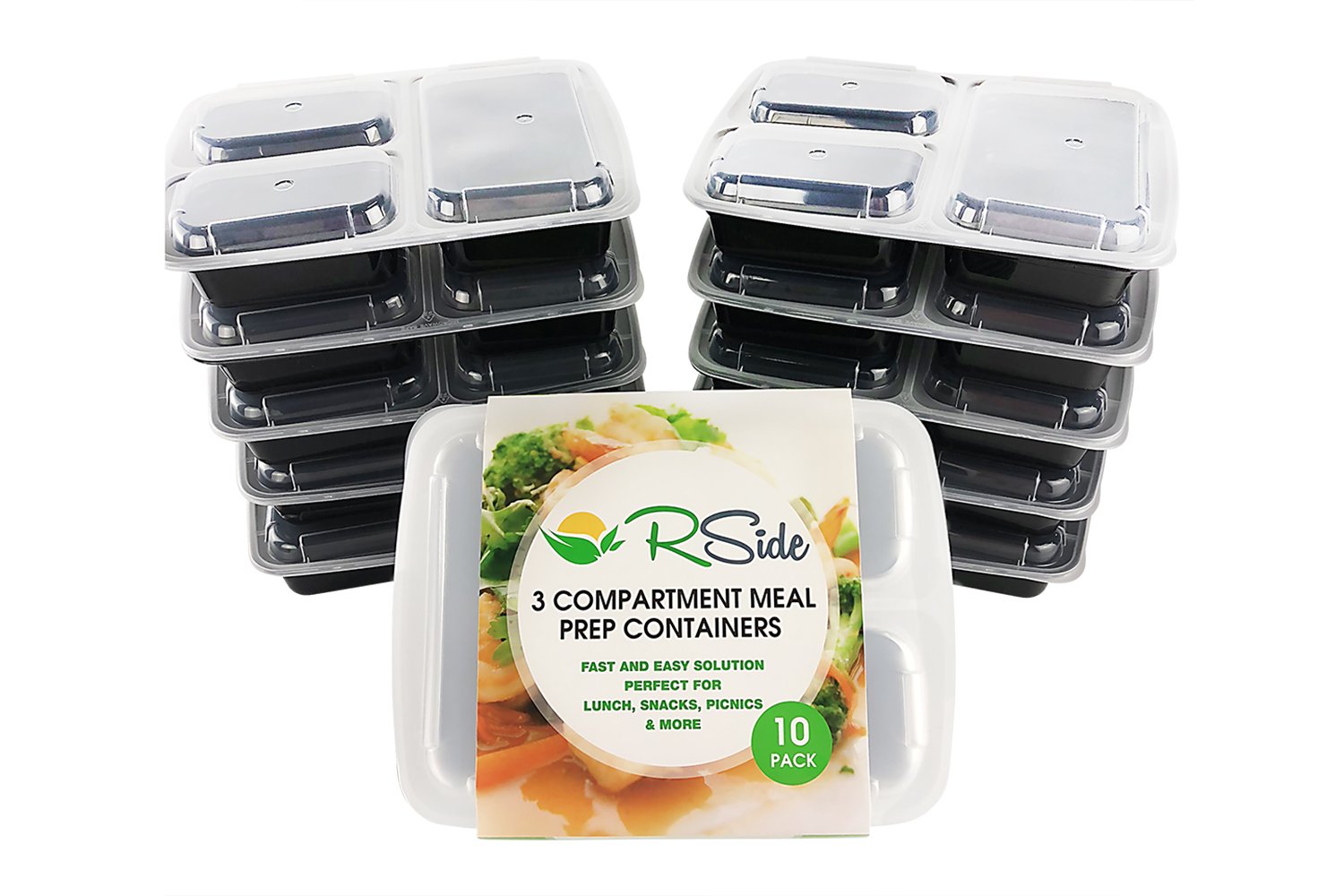 [10 Pack] 3 Compartment Meal Prep Food Containers, BPA Free & FDA Approved. Reusable & Recyclable Plastic Boxes with Lids by RSIDE