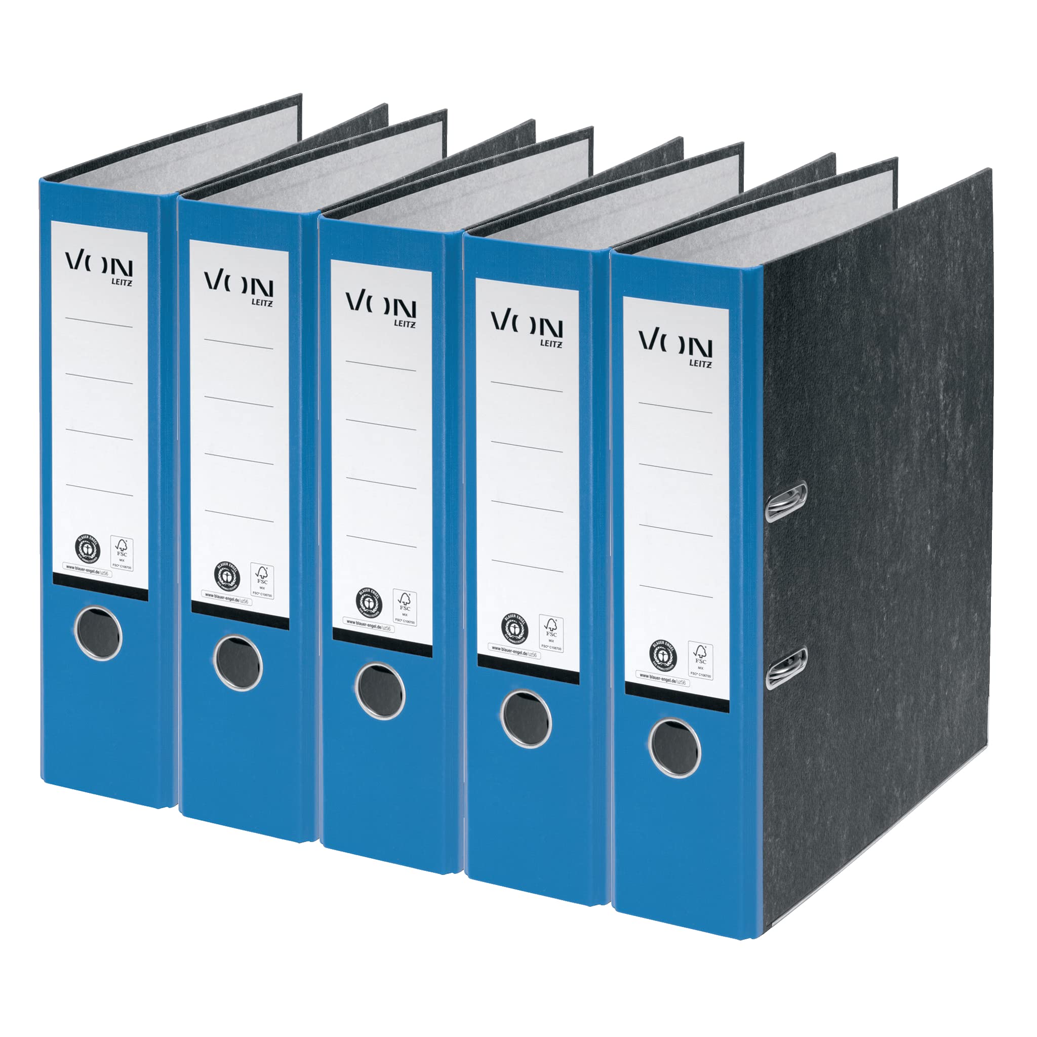 VON Leitz 10531035 Pack of 5 A4 Folders, 100% Recycled Cardboard, 80 mm Spine Width, for 600 Sheets, Marbled, Blue Angel & FSC Certified, for School, Study & Household, Blue — image 1