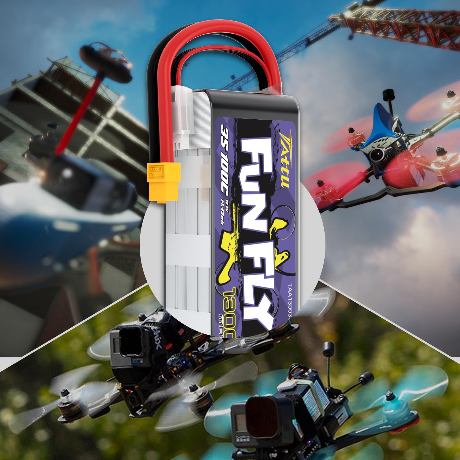 Tattu 3S LiPo 1300mAh 11,1V 100C Funfly Batería con conector XT60 para UAV, Drones FPV y Quadricópteros