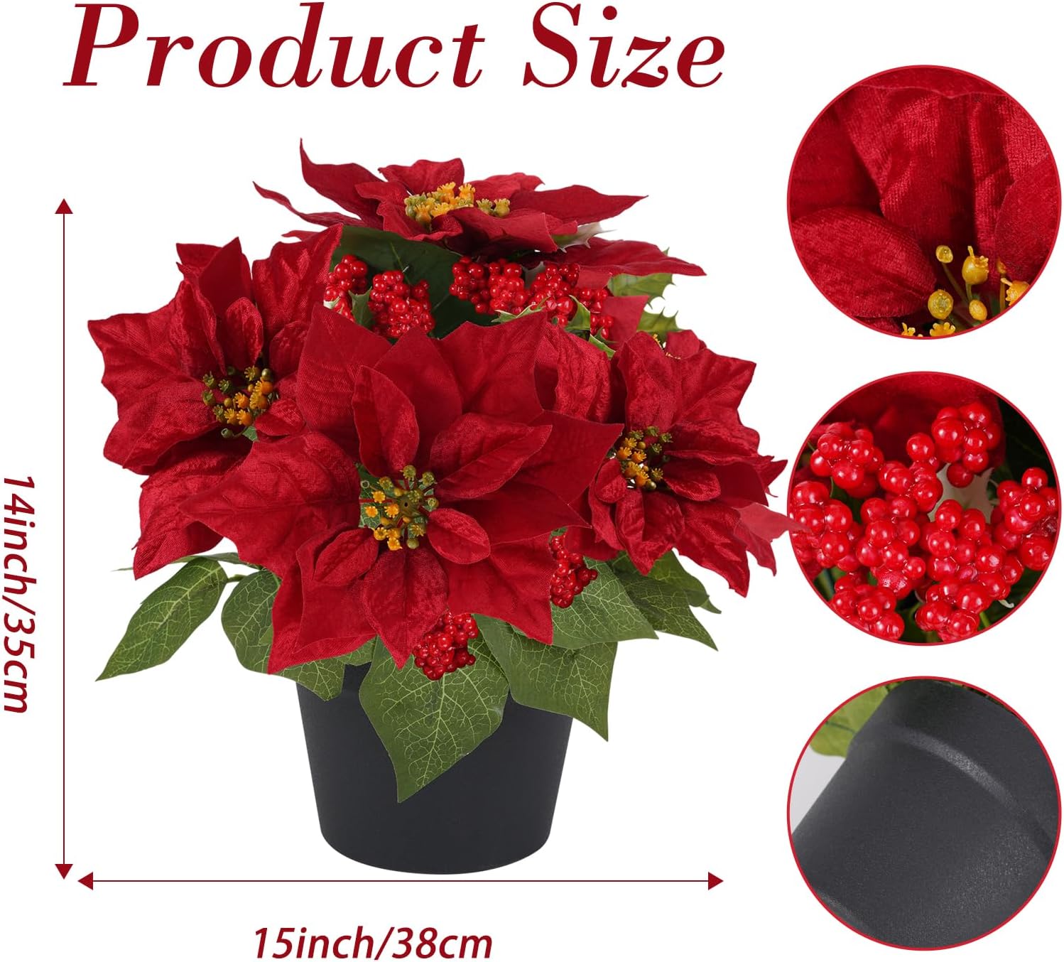 Artificial Poinsettias Plants Christmas Flowers in Pots Xmas Decor image 2