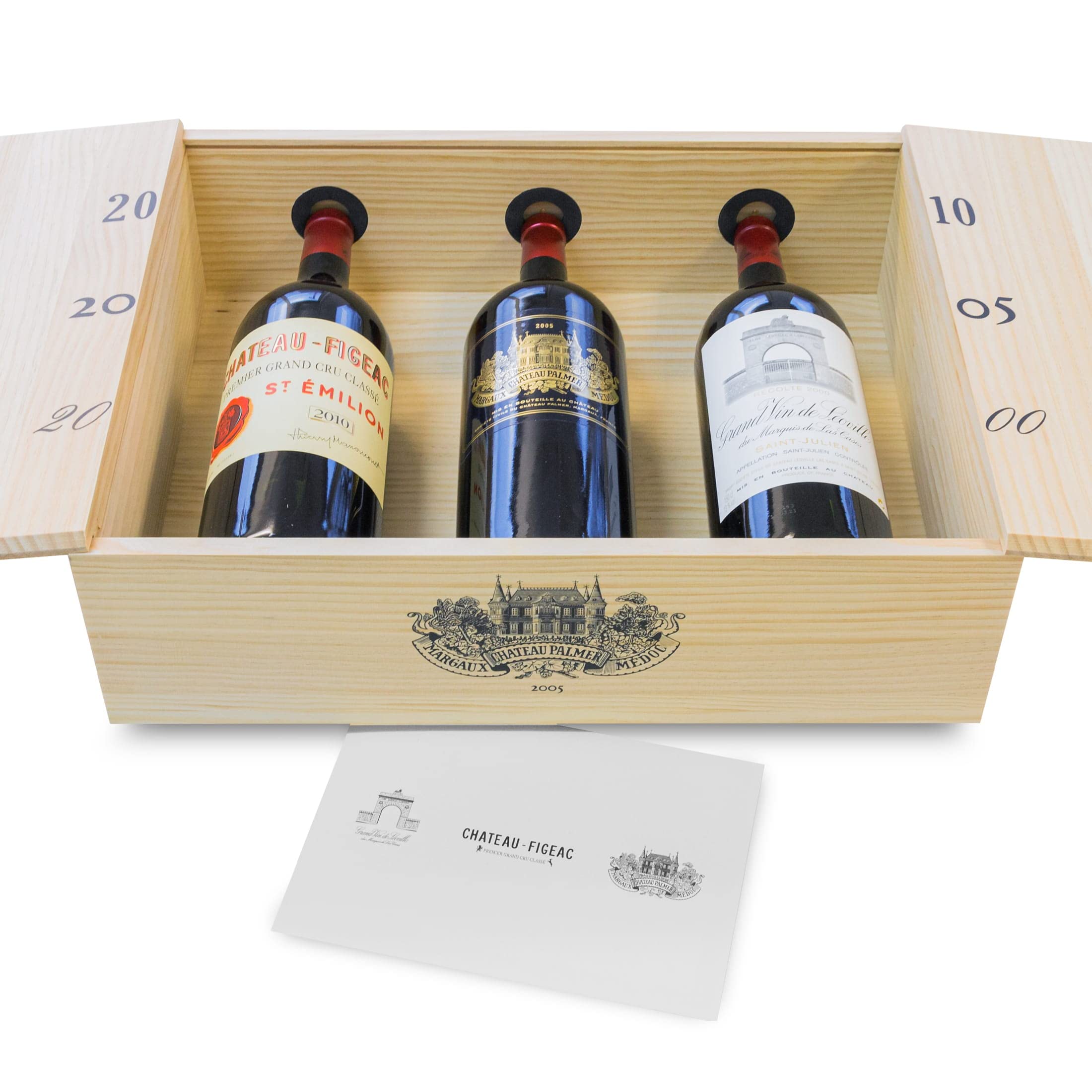Außergewöhnliche Sammlerbox Figeac 2010, Palmer 2005, Leoville Las Cases 2000-3 Magnum-Flaschen Rotwein trocken (1,5 l) in limitierter Holzbox - Bordeaux Frankreich