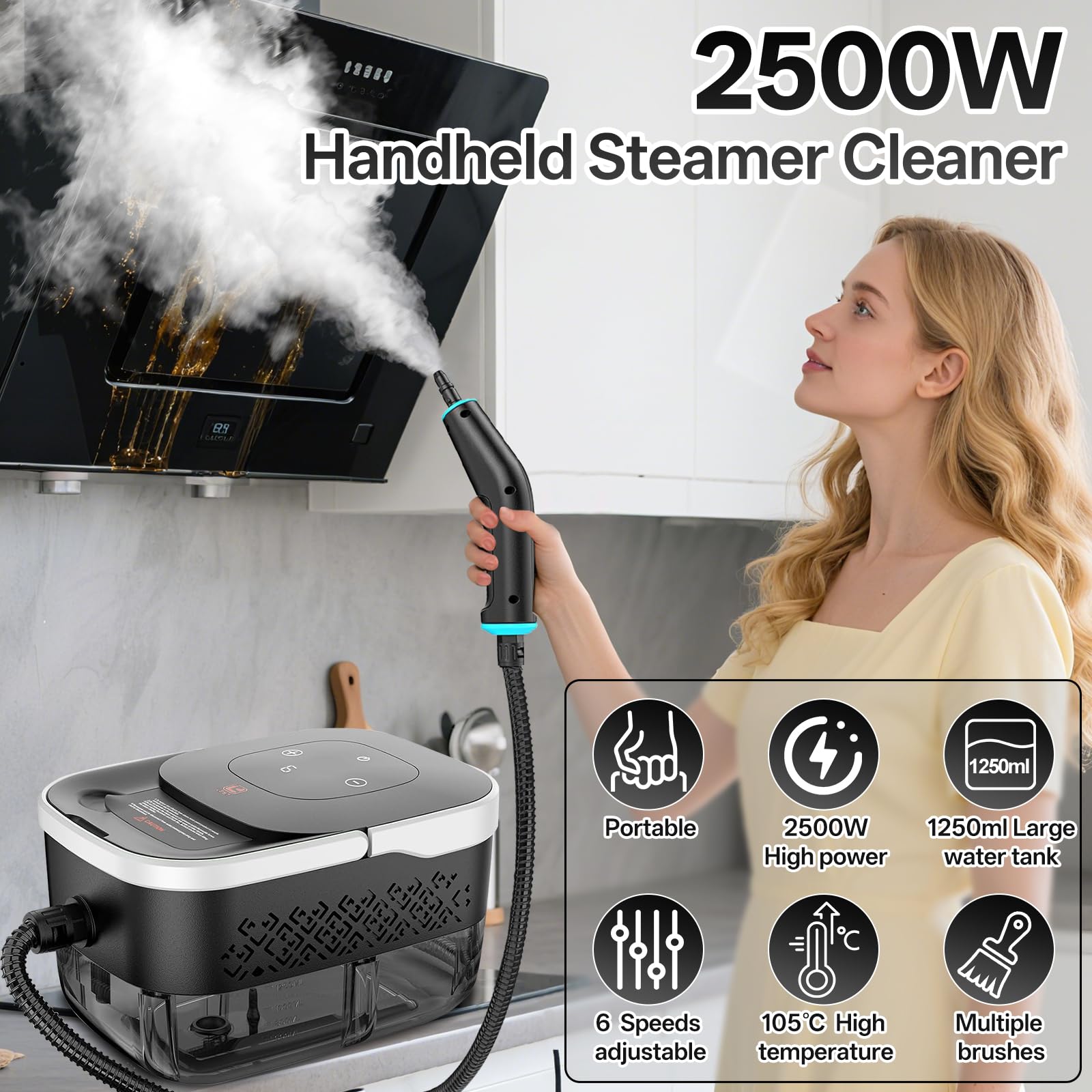 Steam Cleaner for Home,High Pressure Steamer for Cleaning,1250ML Water Tank 15s Heat-Up,6 Level Adjustable,Handheld Steam Cleaner for Floor,Car,Couch,Furniture,Kitchen — view 2