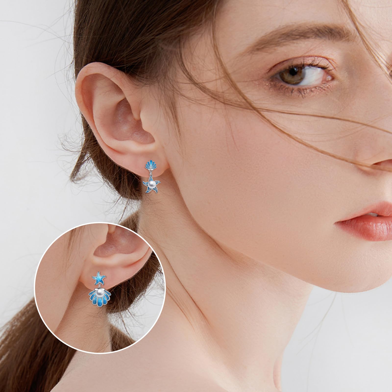 YFN Pendientes de playa con estrella de mar para mujer, plata de ley, conchas marinas, perlas, cierre de palanca, joyería oceánica, regalo, Plata de ley, Sin piedra preciosa