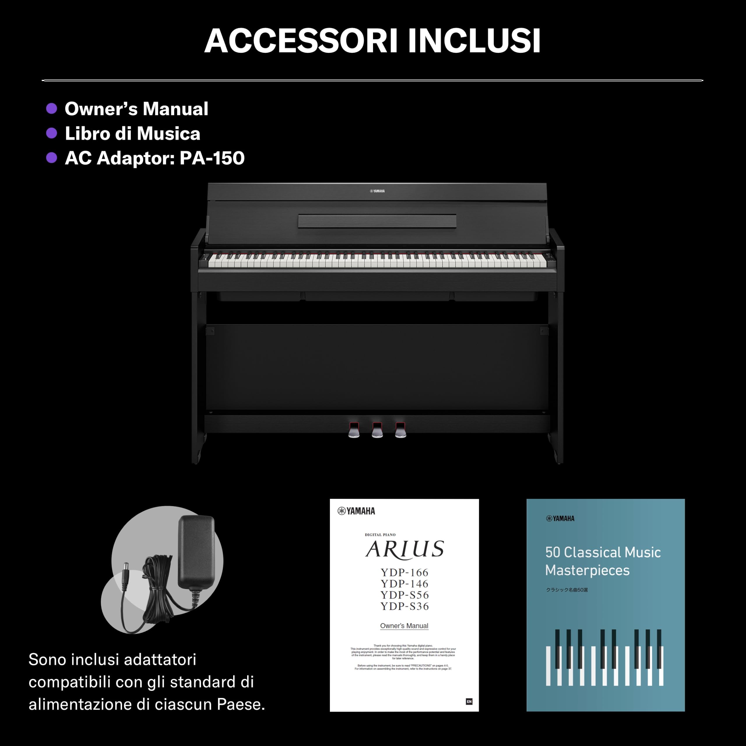 YAMAHA YDP-S36 Pianoforte Digitale – 88 Tasti Pesati GHS, Suono CFX Concert Grand, Design Slim, Bluetooth, 3 Pedali, Ideale per Casa e Principianti – Nero
