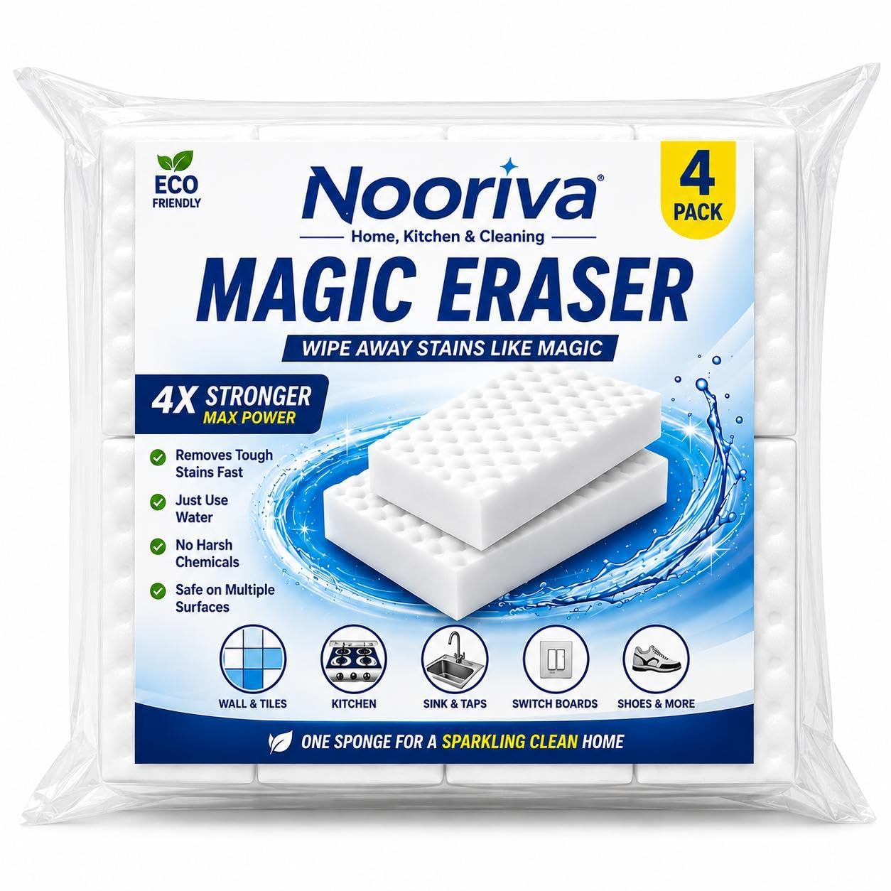 Magic Eraser Cleaning Sponge (4 Pack) | Melamine Foam Cleaning Pads | Removes Tough Stains with Water Only | Multi-Surface Cleaner for Kitchen, Bathroom, Tiles, Sink, Switch Boards & Shoes-image-5