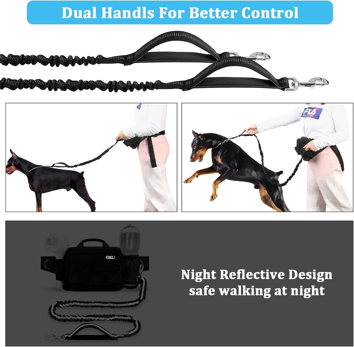 ETACCU Hands Free Dog Leash with Zipper Pouch, Waist Belt for Large Medium Dogs for Running, Walking, Jogging and Hiking, Dual Padded Handles and Durable Bungee - Black (1 Dog Black) - Image 6
