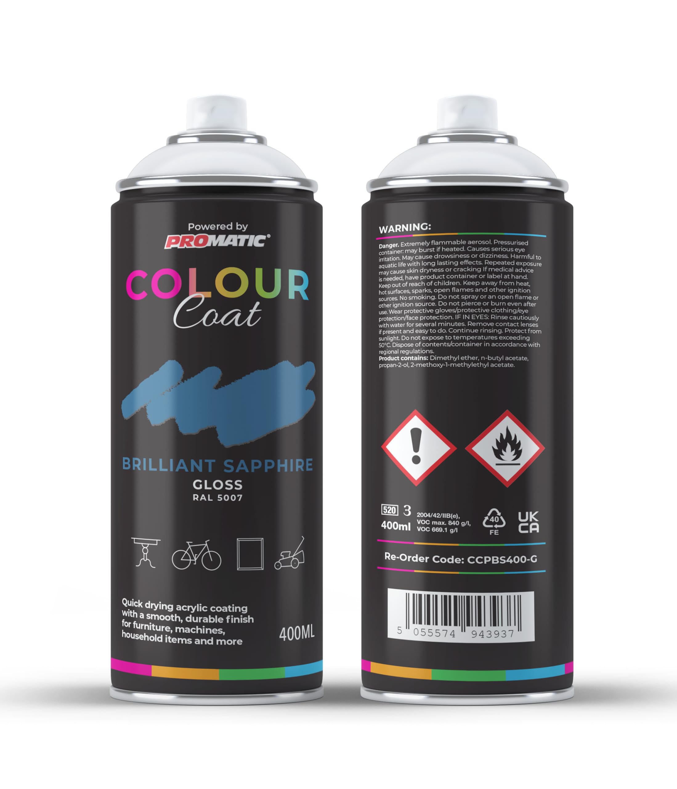 Colour Coat Pro-Matic Sapphire Brilliant Blue Gloss RAL 5007 Aerosol Spray Paint 400ml (1)