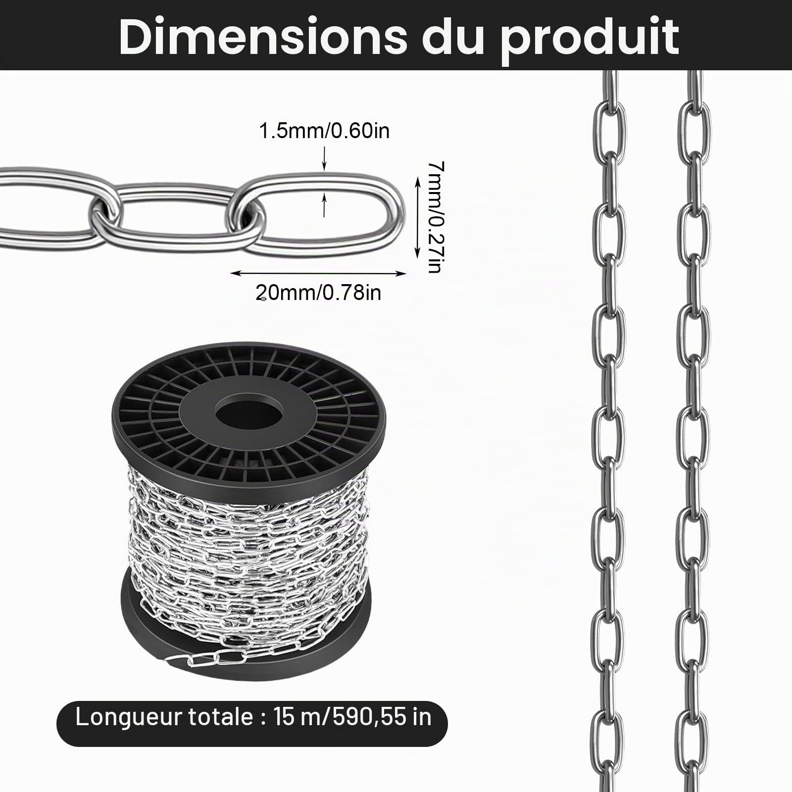 Chaîne en acier inoxydable au mètre 15 m - Chaîne en acier de 1,5 mm - Chaîne en métal à suspendre avec bobine - Chaîne à maillons en acier inoxydable pour suspension, lampes, sacs de sable, fauteuils