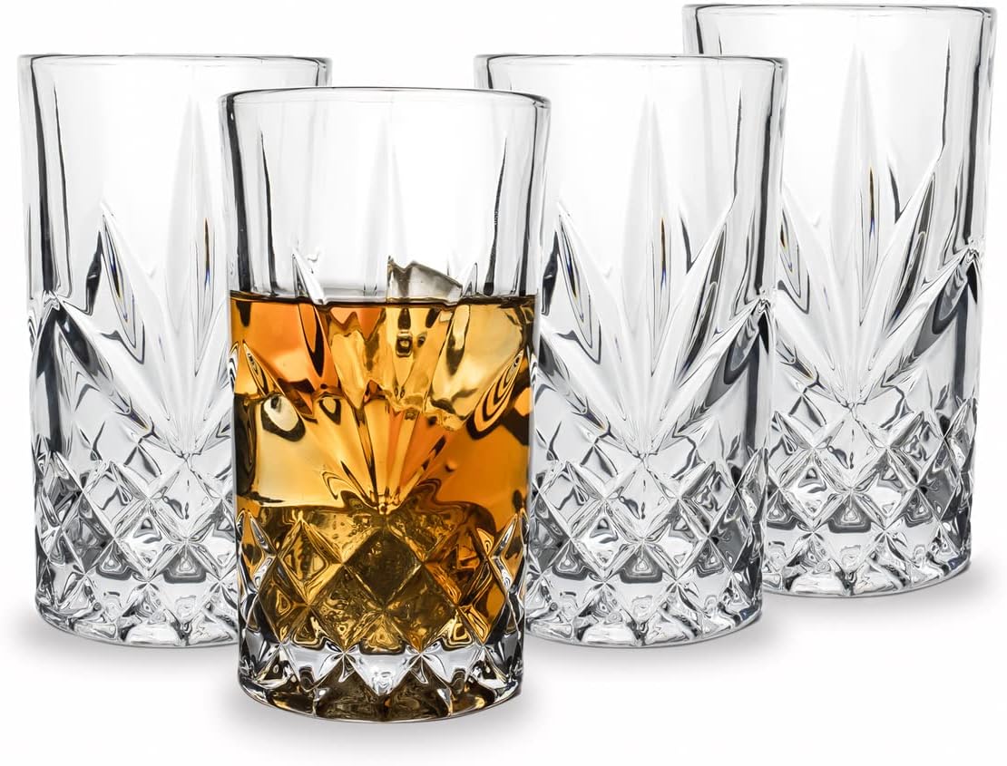 Glass Beverage Set Highball Tumbler Water, Juice Cup Shannon by Godinger - Set of Four