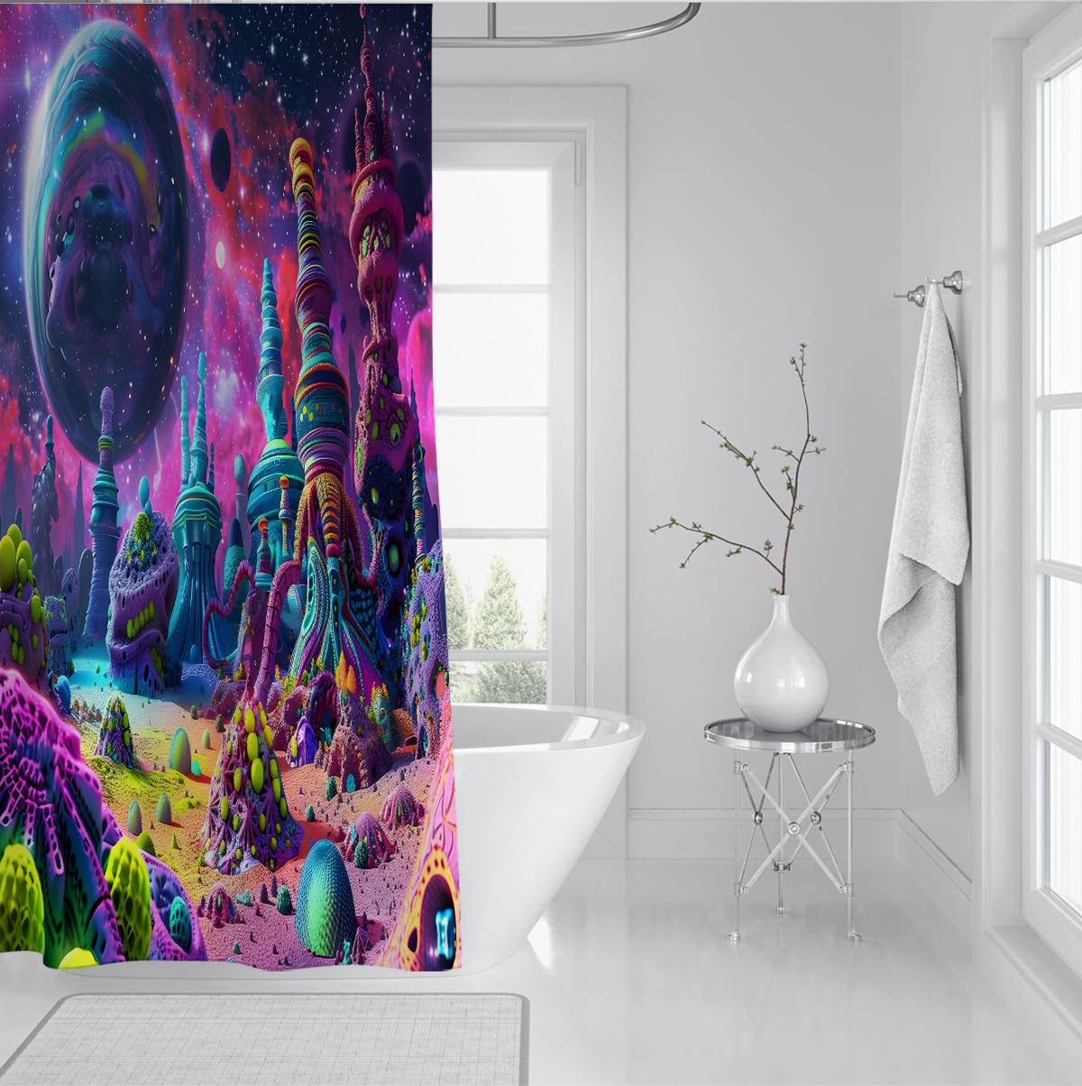 Kosmiczny ogród krajobraz zasłona prysznicowa fantasy oaza zasłona prysznicowa surrealizm kolorowe dekoracje łazienkowe wodoodporna tkanina poliestrowa 150 x 180 cm