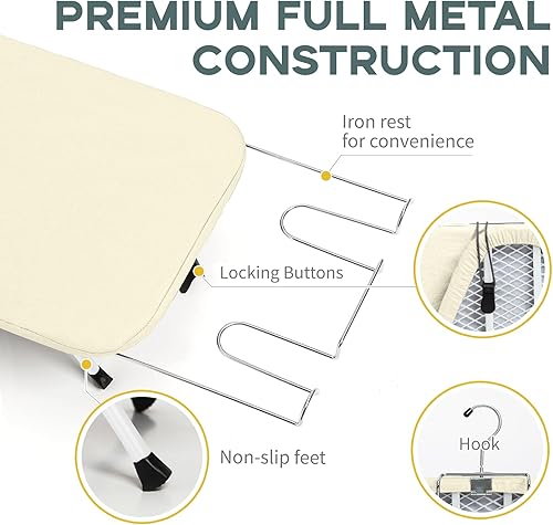 Miniatura 3 de Tabla de planchar pequeña de metal de 31 x 12 pulgadas, mini tabla de planchar plegable con cubierta y almohadilla de algodón, portátil y compacta