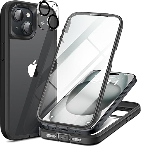 TIESZEN Funda compatible con iPhone 15 Plus, con protector de pantalla de vidrio templado 9H integrado + 2 protectores de lente de cámara, funda a