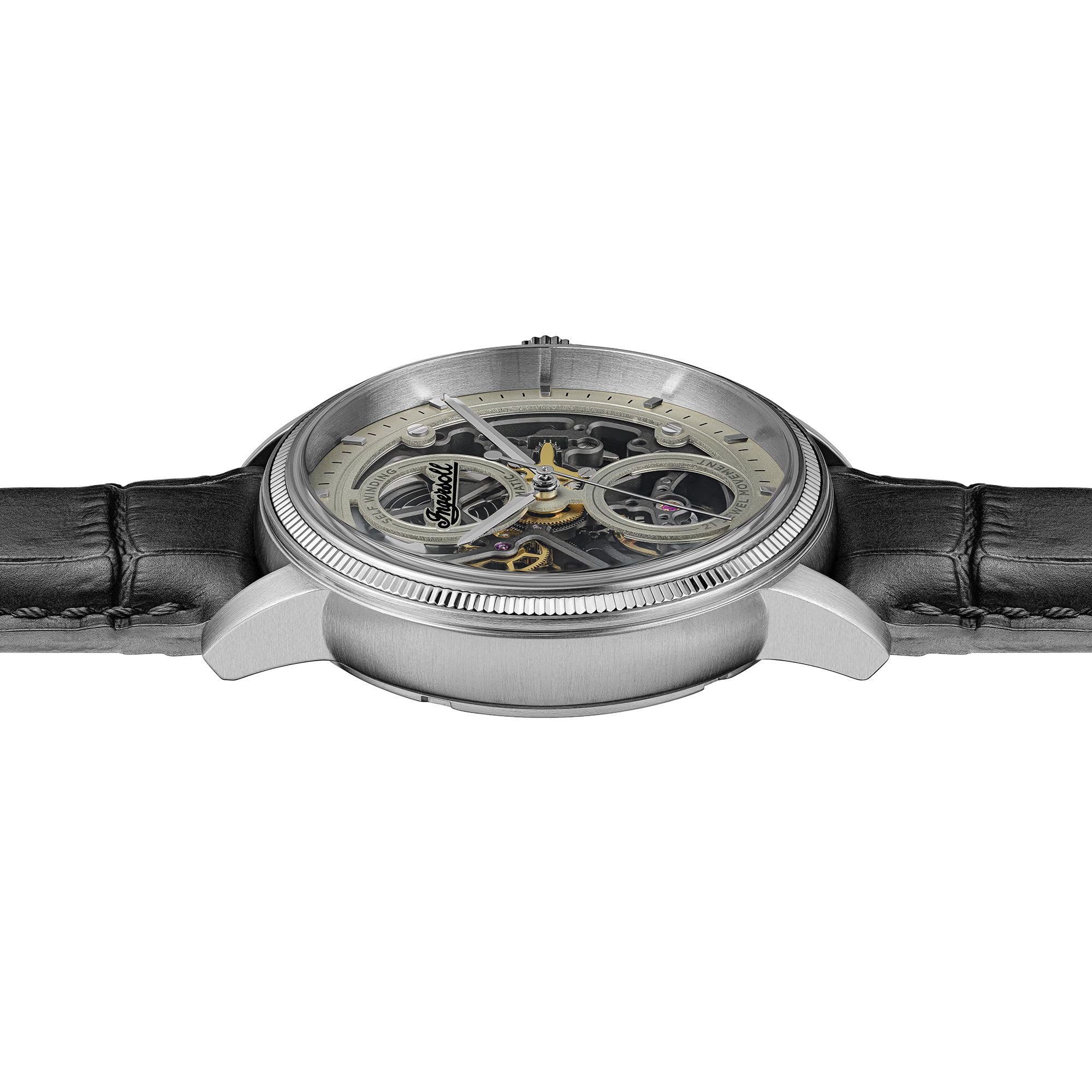 Ingersoll The Guy I17501 męski automatyczny zegarek 44 mm z szarą tarczą i czarnym skórzanym paskiem