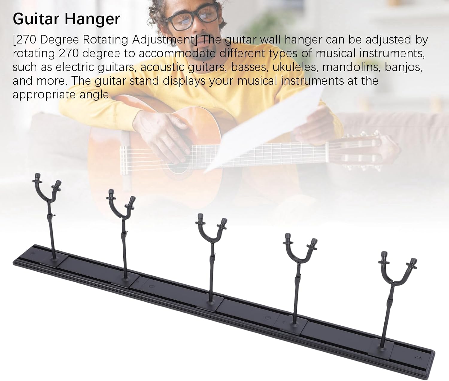 VINGVO Guitar Wall Mount Rack System, 5 Adjustable Hooks Rack, 270 Degree Rotating Aluminum Rail with Space Saving Design, Ideal for Electric, Acoustic, Bass, Ukulele Display &