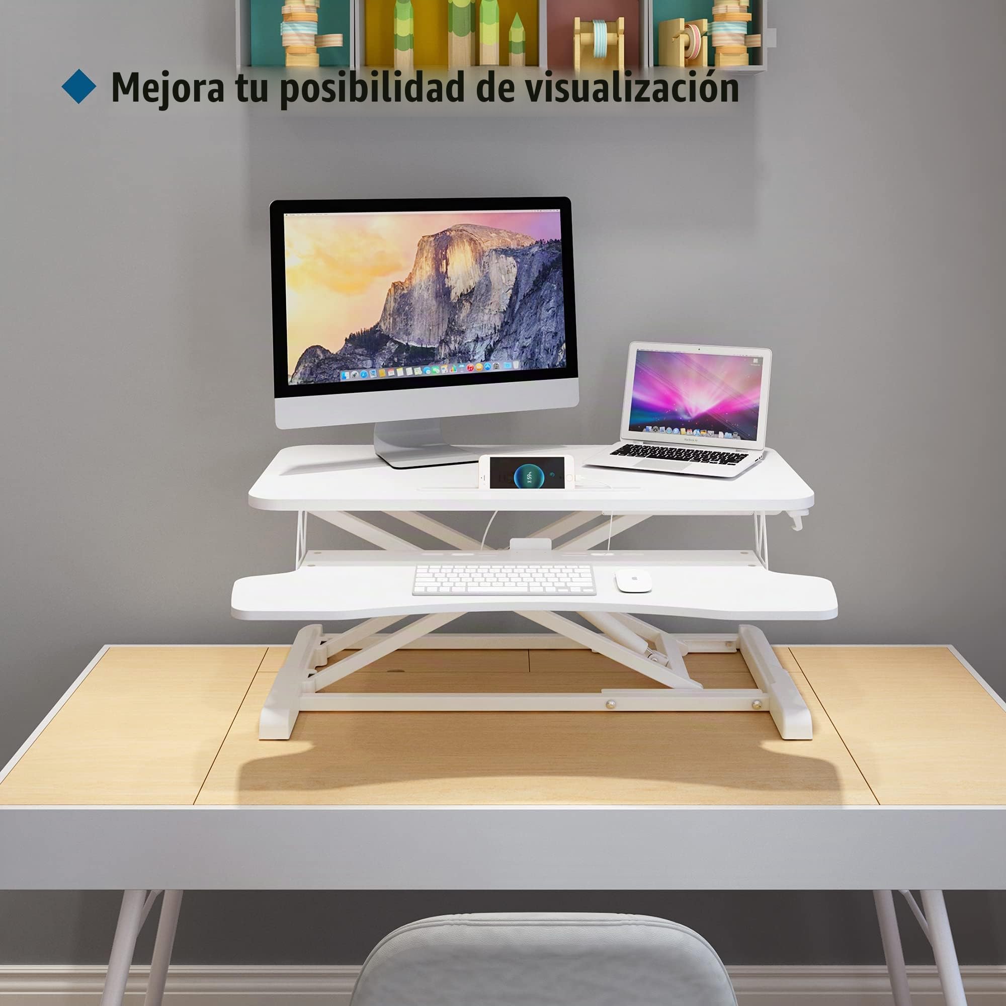 BONTEC Convertidor de Escritorio Sentado/Pie, Estación de Trabajo de 2 Niveles Ajustable en Altura, con Plataforma de 80x40cm, Elevador Ergonómico, Pantalla de PC, Portátil de hasta 15 kg(Blanco)