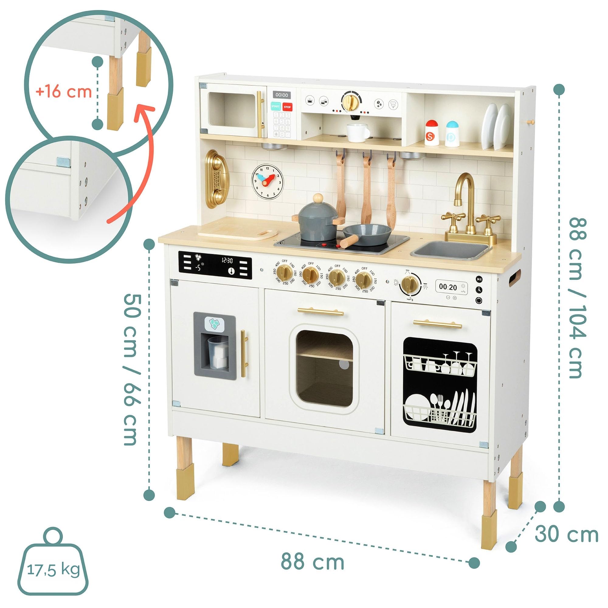 Mamabrum Cocina de Juguete para Niños de Madera con Luces LED - Juguetes Cocina Niños Interactiva con Altura Ajustable - Incluye Microondas, Lavavajillas y Accesorios - 104cm