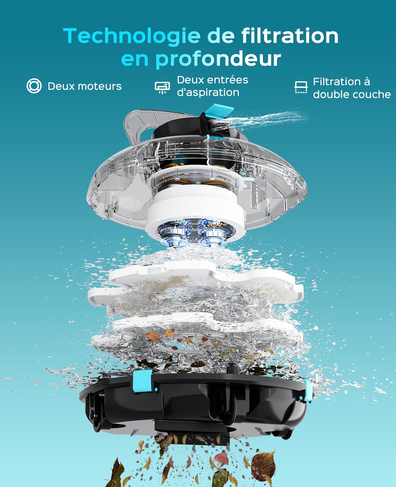 WINNY POOL CLEANER Winny 200 Robot Piscine, Aspirateur Piscine sans Fil avec Batterie, Autonomie 75 Min pour Piscines Hors-Sol 60m², Double Filtration,Stationnement Automatique(Noir-Bleu Marine)