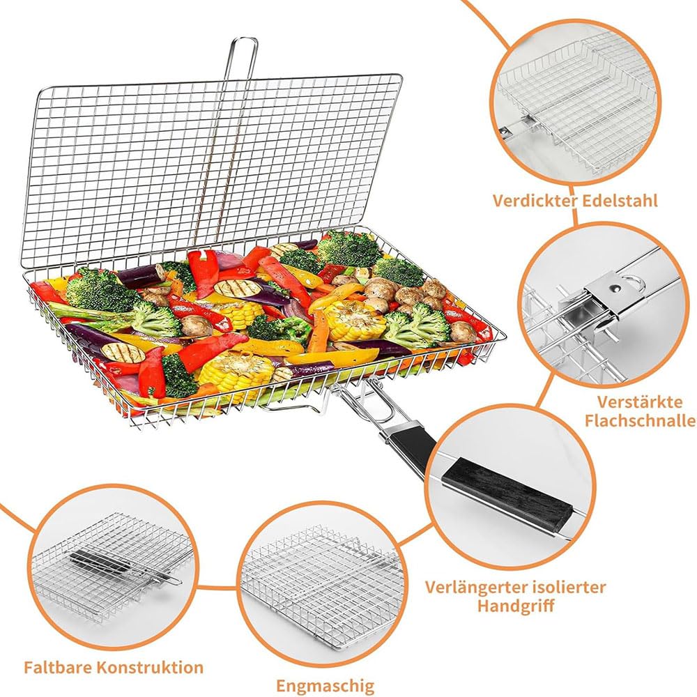 Griglia portatile in acciaio inox – griglia pieghevole per pesce e verdure, accessori antiruggine per barbecue all'aperto, campeggio e giardino, accessori essenziali per barbecue