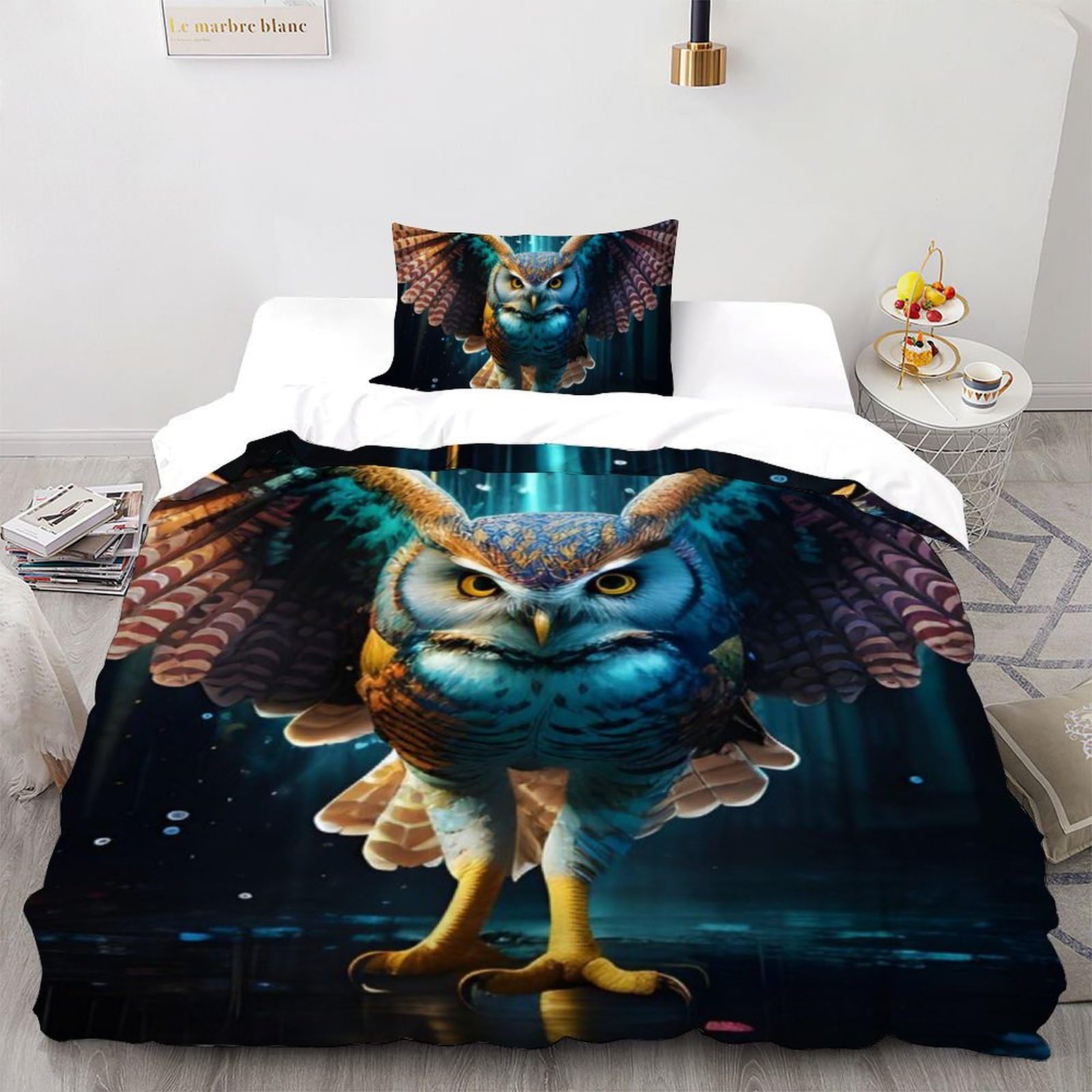 Housse de couette hibou microfibre super douce : parure de lit 135x200 respirante animal sauvage