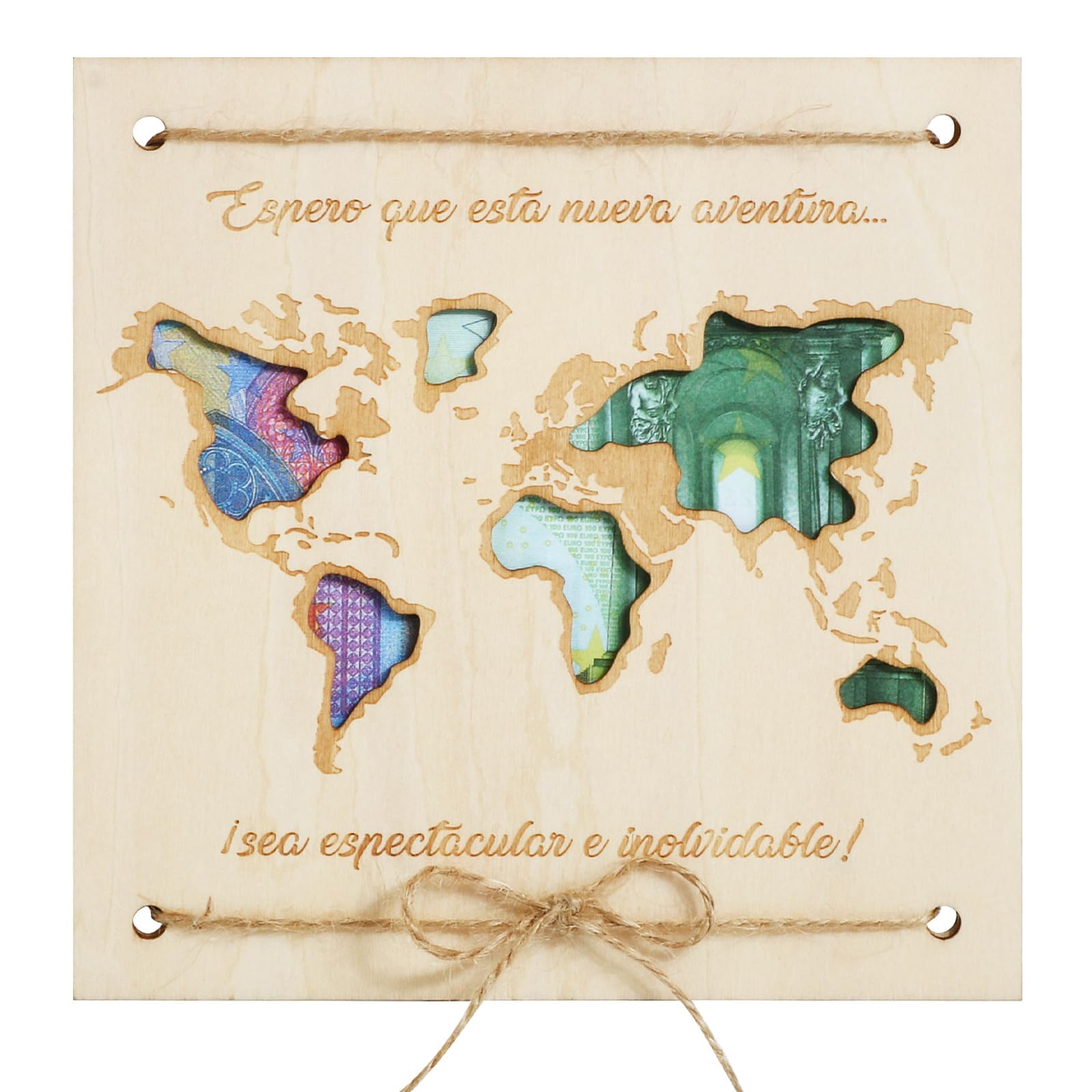 BOFUNX Tarjeta Regalar Dinero Hucha Regalo Dinero Boda con Sobre Tarjeta Felicitación Regalo Original de Madera Fondo de Mapa Aventura Viajes para Boda Fiesta Cumpleaños para Viajeros Parejas Novios
