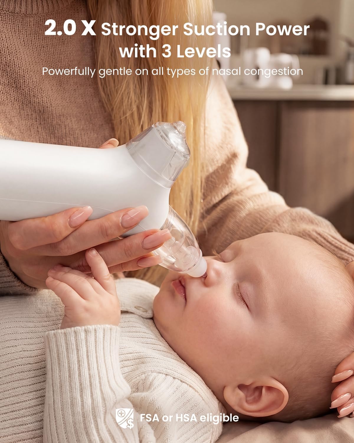 A baby lying down while an adult uses the GROWNSY SniffEase Spa nasal aspirator to clear their nose, demonstrating the suction function.