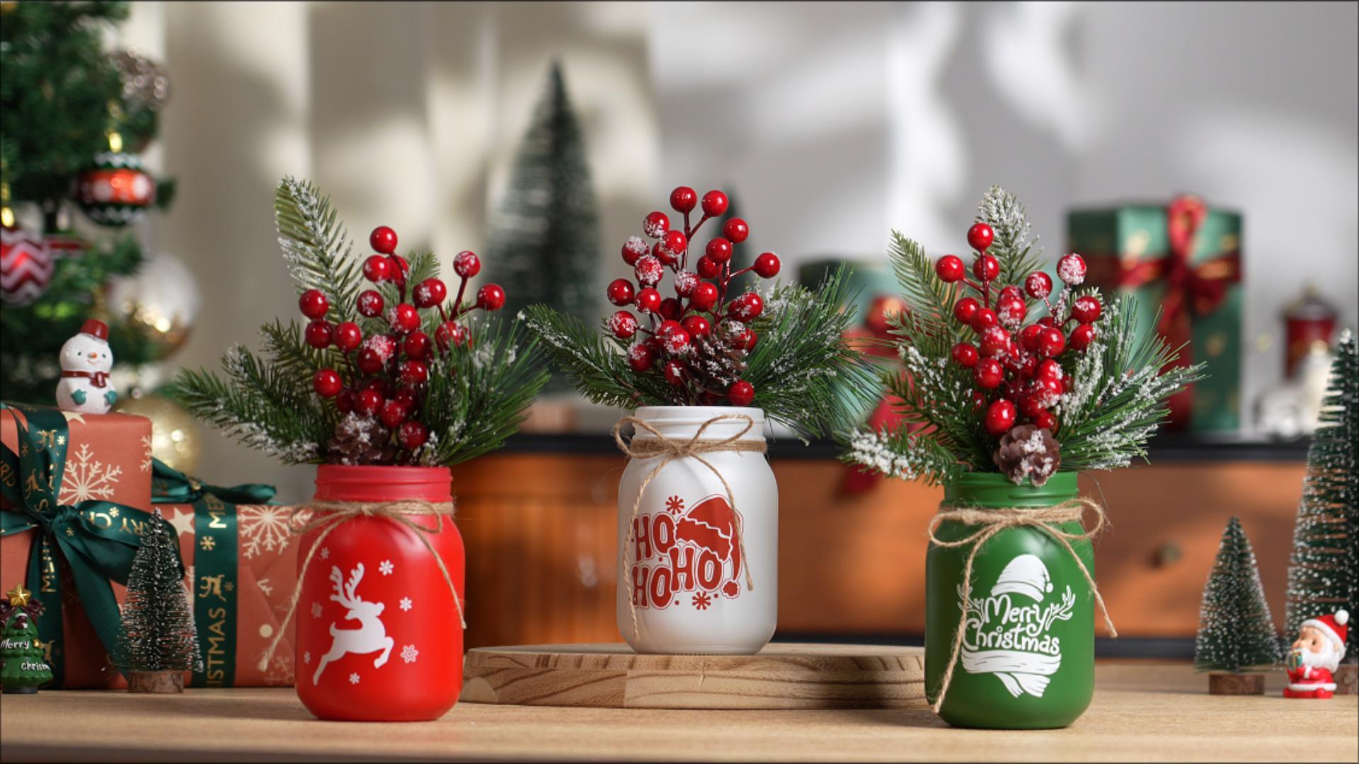 Hewory 3er Kleine Vasen Set mit Rote Beeren für Weihnachtsdeko Innen