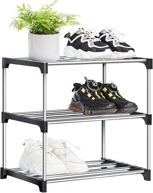 OLYREO Shoe Rack Small, 3 Tier Small Shoe Rack, Mini Shoe Organizers, Slim Stackable Shoe Shelf Storage Shoe Stand Organizer for Hallway, Bedroom,Quick Assembly No Tools Required