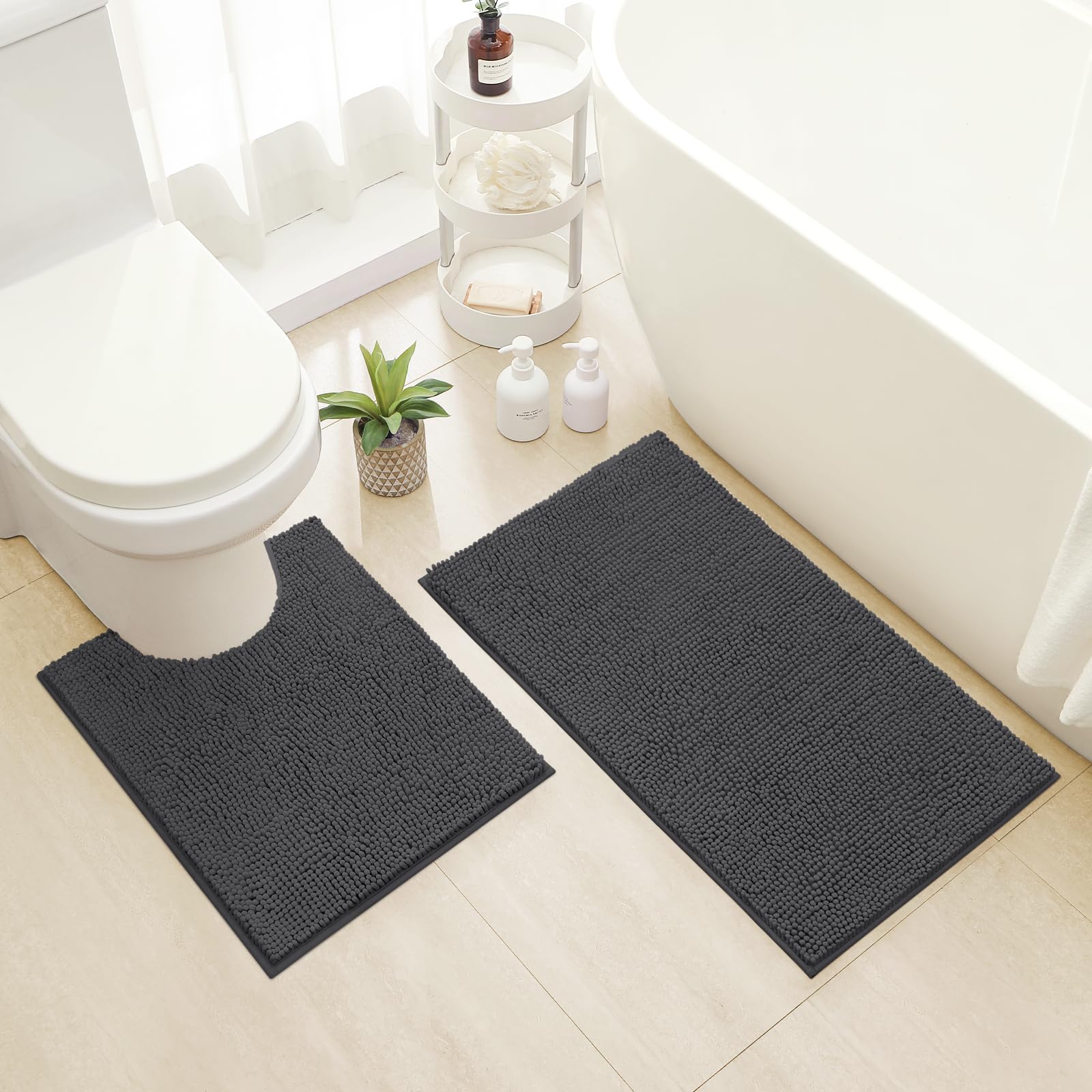 HOMEIDEAS Bathroom Rugs Set 2 Pieces, Ultra Soft Non Slip Absorbent Chenille Toilet Bath Mat Set (Charcoal/Dark Grey)